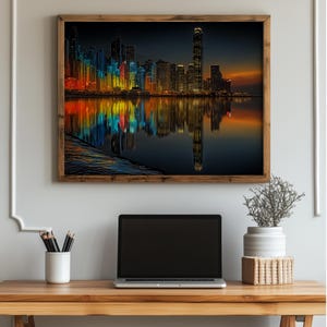 City Lights Reflection Printable - Majestic Night Cityscape Wall Art, Vibrant Skyline, Modern Urban Decor, Digital Download Art Print 1095