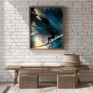 Surfing Ölgemälde zum ausdrucken - Atemberaubende Ocean Wave Art, Surfer auf der Welle, Küsten Wanddekor, Strandhaus 1290, Kunstdruck