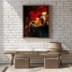 Pintura dramática del interior de un bar: escena nocturna melancólica, arte mural vintage imprimible, decoración atmosférica, ilustración novedosa estilo 212