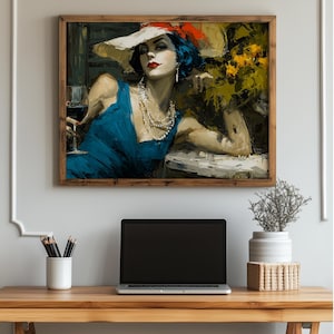 Vintage Elegant Woman Illustration - Retro Style Wall Art, Printable Portrait, Timeless Decor, Classic Lady in Blue with Hat Print 1547