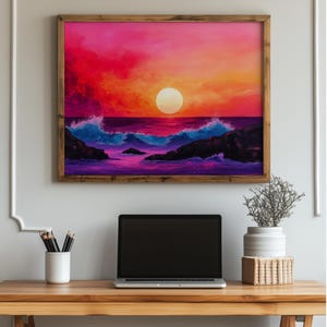 Dramatic Coastal Seascape Art - Printable Impressionist Sunset, Vibrant Ocean Waves, Majestic Wall Decor, Beach Painting Art Print 1004