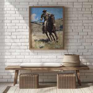 Rustic Cowboy Riding Horse Printable Art - Western Landscape Painting, Vintage Decor, Earthy Wall Art, Cottagecore Style Print 1431