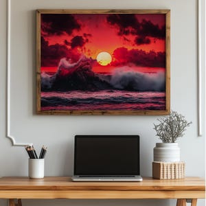 Vibrant Impressionist Seascape at Sunset - Dramatic Coastal Art, Moody Ocean Scene, Rustic Wall Decor, Beautiful Printable Painting 1090