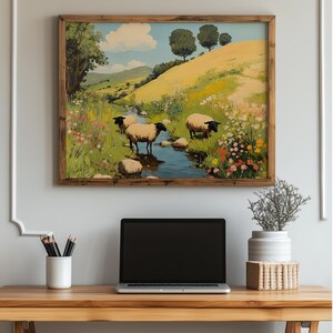 Rolling Hills Pastoral Scene - Vintage Oil Painting Print, Rustic Farmhouse Decor, Charming Countryside Wall Art, Printable Landscape 1042