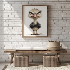 Printable Playful Ostrich Art - Hand-Drawn Stocky Ostrich Illustration, Cute Animal Wall Decor, Rustic Style, Nursery Room Printable 1