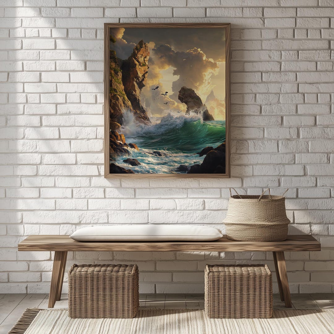 Rustic Ocean Majestic Seaside Cliff Painting - Rustic Ocean Waves Scene, Vintage ...