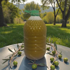 Puede incluir: Una botella de pl&aacute;stico grande llena de aceite de oliva, con una tapa verde. Ramas de olivo y aceitunas verdes rodean la botella. El texto "Natural Zaid" est&aacute; impreso en la botella.