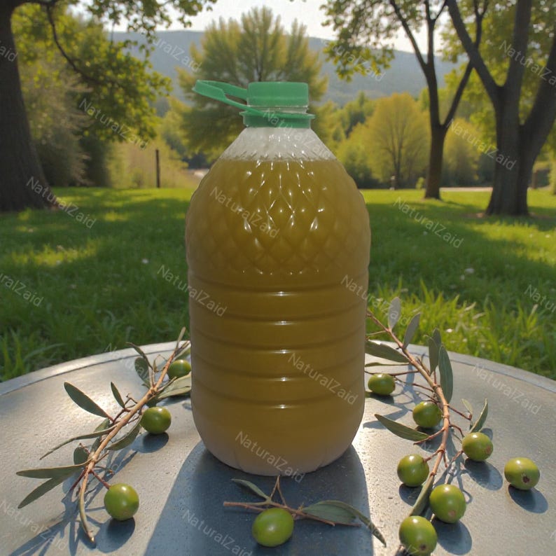 Puede incluir: Una botella de pl&aacute;stico grande llena de aceite de oliva, con una tapa verde. Ramas de olivo y aceitunas verdes rodean la botella. El texto "Natural Zaid" est&aacute; impreso en la botella.