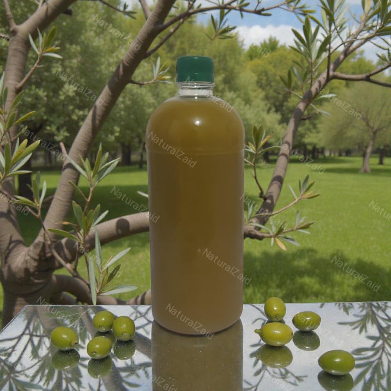 Puede incluir: Una botella de pl&aacute;stico transparente llena de aceite de oliva, con una tapa verde. Aceitunas verdes est&aacute;n esparcidas alrededor de la botella sobre una superficie reflectante. El fondo muestra un c&eacute;sped verde y &aacute;rboles.