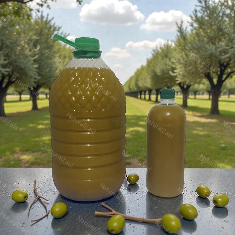 Puede incluir: Dos botellas de pl&aacute;stico transparente llenas de aceite de oliva, una grande y otra peque&ntilde;a, con tapas verdes. Varias aceitunas verdes y ramas de olivo est&aacute;n esparcidas alrededor de las botellas. El fondo muestra un campo verde y &aacute;rboles.