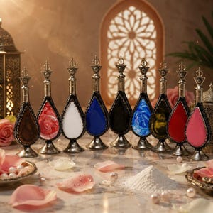 May include: A collection of nine teardrop-shaped perfume bottles with silver-toned metal frames and decorative stoppers. Each bottle contains a different colored liquid, including brown, red swirl, white, blue, black, marbled blue, gold, red, and pink.