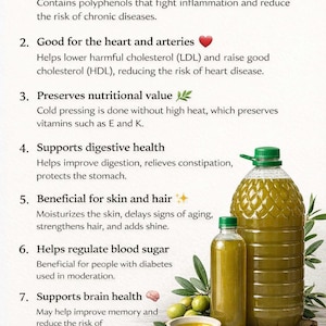 Puede incluir: Imagen que detalla los beneficios del aceite de oliva virgen extra. La imagen incluye botellas de aceite de oliva, aceitunas y un peque&ntilde;o cuenco de aceite. El texto destaca los beneficios para la salud, como los antioxidantes y la salud del coraz&oacute;n.