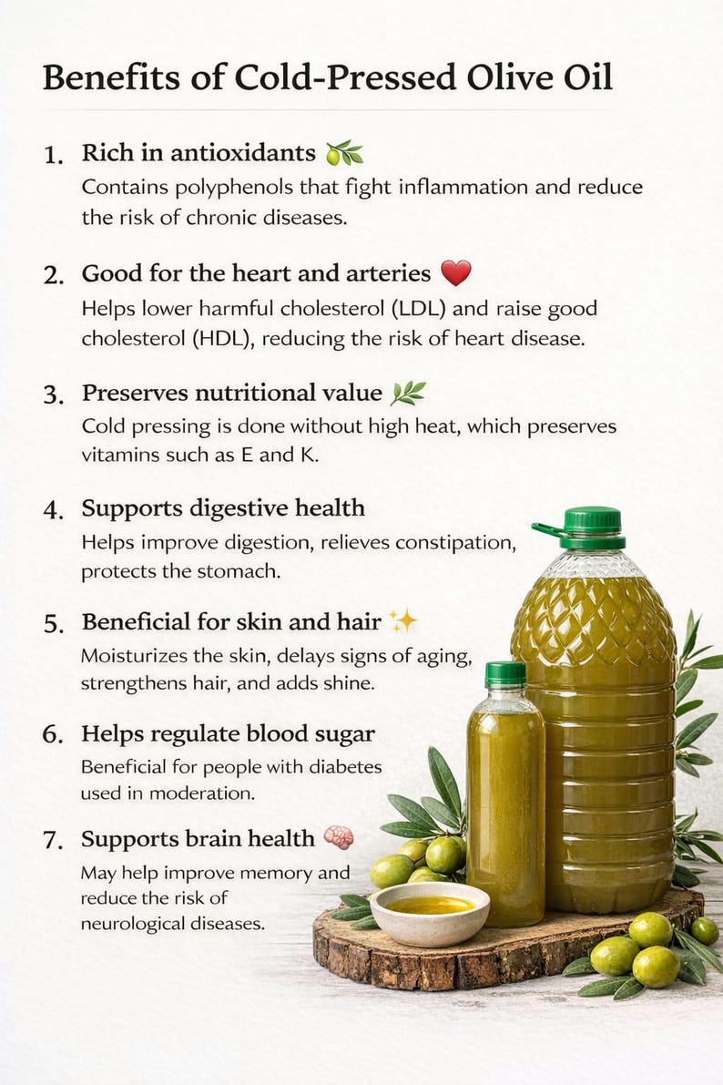 Puede incluir: Imagen que detalla los beneficios del aceite de oliva virgen extra. La imagen incluye botellas de aceite de oliva, aceitunas y un peque&ntilde;o cuenco de aceite. El texto destaca los beneficios para la salud, como los antioxidantes y la salud del coraz&oacute;n.