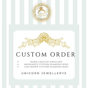K&ouml;nnte beinhalten: Werbung f&uuml;r Sonderanfertigungen von Unicorn Jewellers. Das Bild zeigt ein goldenes Logo mit einem Ringdesign und dem Text "CUSTOM ORDER". Es listet "Hand Crafted Jewellery", "Moissanite Custom Diamond Ring" und "Lab Grown Custom Diamond Ring" auf.