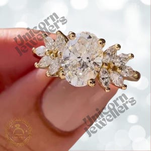 1.50ctw Oval Moissanite Ring-Oval Moissanite Engagement Ring with Marquise Side Stones–Three Stone Ring for Her-Ethical Proposal Ring