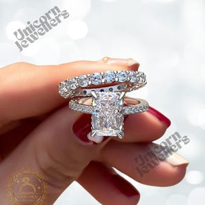2.5 CT Radiant Cut Moissanite Ring-Full Eternity Matching Wedding Band-Hidden Halo Bridal Ring Set-Anniversary Gift For Her-Solid Gold Ring