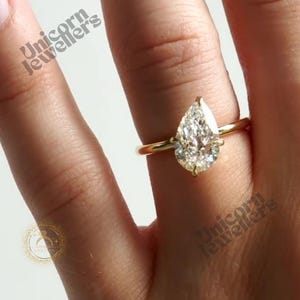 4 Prong Pear Shaped Solitaire Ring-Pear Moissanite Engagement Ring-925 Sterling Silver Thin Band-Delicate Pear CZ Ring-Gift for Wife-Rings