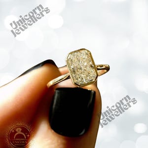 East West Solitaire Elongated Radiant Cut Moissanite Engagement Ring-Solid Gold Bezel Setting Wedding Ring-Anniversary Gift Ring For Her Zen