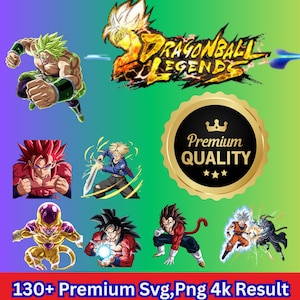 May include: A colourful graphic showcasing Dragon Ball characters in dynamic poses, alongside the "Dragon Ball Legends" logo and a "Premium Quality" seal. The image includes the text "130+ Premium Svg, Png 4k Result".