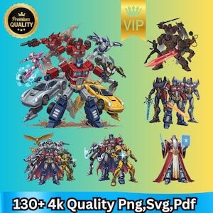 Può includere: Opera d'arte digitale con vari personaggi dei Transformers in pose dinamiche. L'immagine include Optimus Prime, Bumblebee e altri Autobot e Decepticon, insieme a macchine e un mago. Il testo in basso recita "130+ 4k Quality Png, Svg, Pdf."