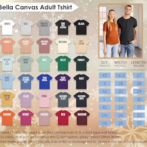 May include: Image of Bella Canvas adult t-shirts in a range of colours, such as white, black, and heather grey. A size chart is included, with measurements in inches, from XS to 3XL. The image also shows a couple wearing the shirts.