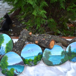 Acrylic Painting on Wood Slice, Handmade acrylic painting on wood