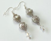 Ivory Pearl and Crystal Filigree Earrings, Off-White Pearl Earrings, On Sale!