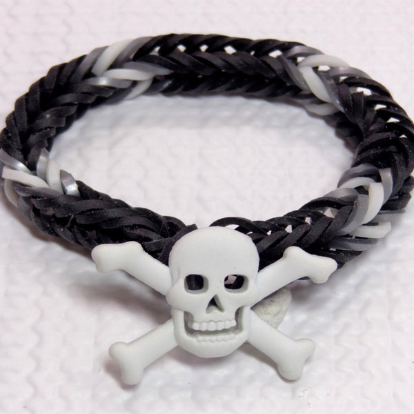 Skull Friendship Bracelet (Small) Black, Silver and White Stretchy Rainbow Loom Bracelet