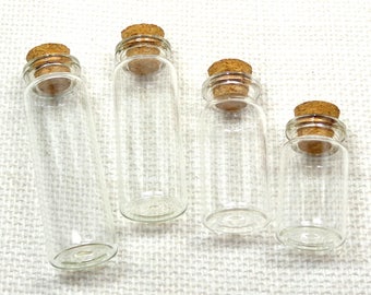 4 Tiny Bottles in Graduated Sizes, 2 3/4 - 1 1/2 Inches, Tiny Glass Vials or Vases with Corks