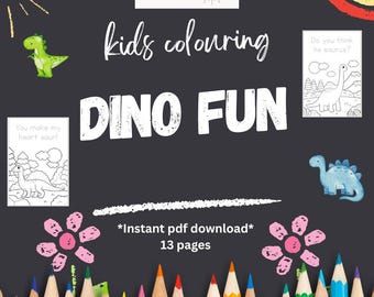 Op de afbeelding: Zwarte achtergrond met de witte woorden "kids colouring DINO FUN". De afbeelding bevat dinosaurusillustraties, kleurplaten en een rij kleurpotloden aan de onderkant. De tekst luidt "Instant pdf download" en "13 pages".