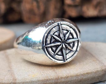 Compass Signet Ring | 925 Sterling Silver | Nautical Ring | Traveler’s Gift | Direction & Adventure Jewelry | Unisex