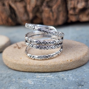 Boho Spiral Wrap Ring | Engraved Silver Adjustable Ring | Tribal Pattern Open Band Ring | Handmade Bohemian Jewelry for Women