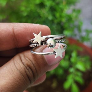 925 Sterling Silver Star Ring – Handmade Celestial Adjustable Ring with Ball Detail, Boho Cosmic Jewelry, Gift for Her