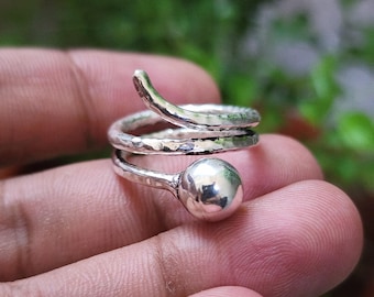 Sterling Silver Spiral Wrap Ring, Hammered Artisan Statement Jewelry