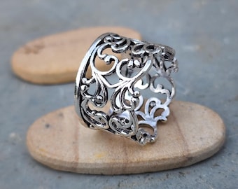 Filigree Silver Ring | 925 Sterling Silver Openwork Band | Handmade Boho Vintage Ring | Elegant Scroll Pattern | Gift for Her