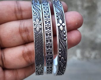 Oxidized Silver Bangle Set: Floral Engraved Indian Tribal Jewelry