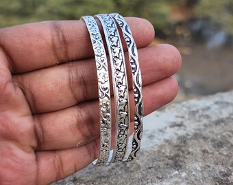 Sterling Silver Floral Bangle Set - Set of 3 Handcrafted 925 Silver Flower Bangles, Elegant Bridal or Everyday Jewelry