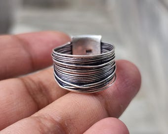 Sterling Silver Multi Wire Wide Band Ring, Boho Artisan Statement Jewelry