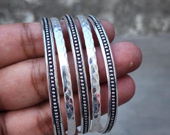 Set of 4 Oxidized & Hammered Silver Bangles – Minimal Boho Stack | Handmade Textured Kada | Tribal Statement Bracelet Set