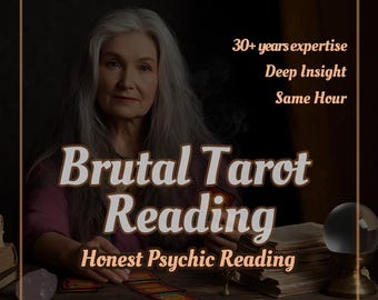 Può includere: Immagine che promuove un servizio di lettura dei tarocchi. Il testo recita "Brutal Tarot Reading" e "Honest Psychic Reading". Il testo aggiuntivo recita "30+ years expertise, Deep Insight, Same Hour". È raffigurata una donna con lunghi capelli grigi.