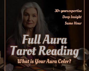 May include: An image promoting a tarot reading service. The text reads "Full Aura Tarot Reading" and "What is Your Aura Color?" with additional text: "30+ years expertise, Deep Insight, Same Hour". A woman with long gray hair is featured.