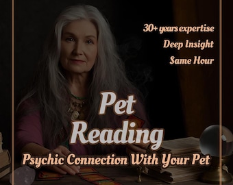 May include: An image promoting pet reading services. It features a woman with long gray hair, text that reads "Pet Reading" and "Psychic Connection With Your Pet", and additional text stating "30+ years expertise, Deep Insight, Same Hour".