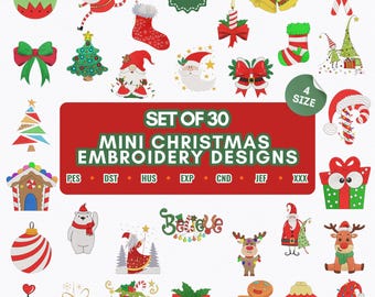 Könnte beinhalten: Eine Sammlung von 30 Mini-Weihnachtsstickmustern. Die Designs zeigen Weihnachtsmänner, Weihnachtsbäume, Ornamente und das Wort "Believe". Ein rotes Banner zeigt "SET OF 30 MINI CHRISTMAS EMBROIDERY DESIGNS".