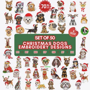 Könnte beinhalten: Eine Sammlung von 50 Weihnachts-Hunde-Stickmustern. Jeder Hund trägt einen Weihnachtsmannhut oder festliche Kleidung. Die Designs umfassen verschiedene Rassen und Stile, mit einem Rabatt von 70%.
