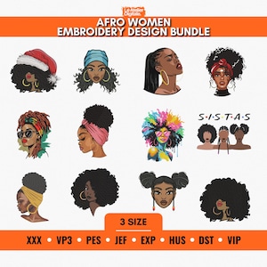 Op de afbeelding: Een digitaal borduurontwerppakket getiteld AFRO WOMEN EMBROIDERY DESIGN BUNDLE met twaalf illustraties van zwarte vrouwen met diverse kapsels, hoofddoeken en accessoires. De vermelde bestandsformaten zijn XXX, VP3, PES, JEF, EXP, HUS, DST en VIP.