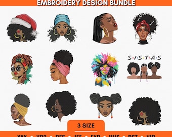 Afro Frau Stickerei Bündel | Schwarzes Mädchen Melanin Designs | Natürliches Haar PES Stickdatei