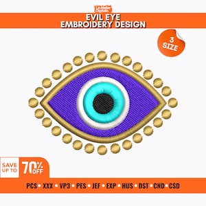 Puede incluir: Un diseño de bordado con un ojo turco estilizado. El ojo tiene un iris morado, una pupila turquesa y un centro negro. El diseño está delineado en dorado y rodeado de puntos dorados. El texto "EVIL EYE EMBROIDERY DESIGN" está en la parte superior.