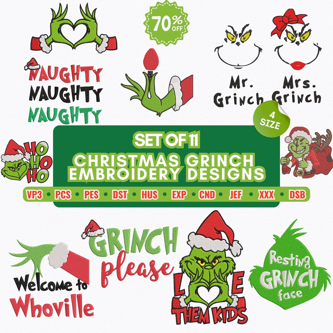 Grinch Embroidery Christmas Design Bundle, 11 Holiday Patterns, 4 Size ...
