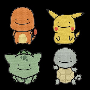 K&ouml;nnte beinhalten: Gestickte Aufn&auml;her mit vier beliebten Zeichentrickfiguren: einem orangefarbenen Glumanda, einem gelben Pikachu, einem gr&uuml;nen Bisasam und einem grauen Schiggy. Jede Figur hat ein einfaches, l&auml;chelndes Gesicht vor schwarzem Hintergrund.