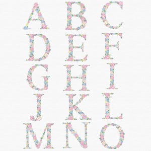 Pu&ograve; includere: Lettere dell'alfabeto floreale dalla A alla O, ogni lettera &egrave; riempita con un motivo di fiori rosa, blu e gialli. Le lettere sono visualizzate su uno sfondo bianco.